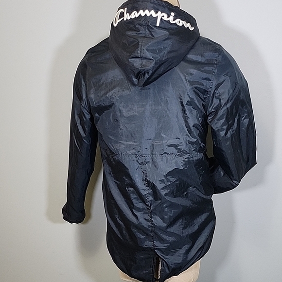 Champion Black Hooded Trench Coat Sylye Vintage Coat. 90s - Picture 6 of 12